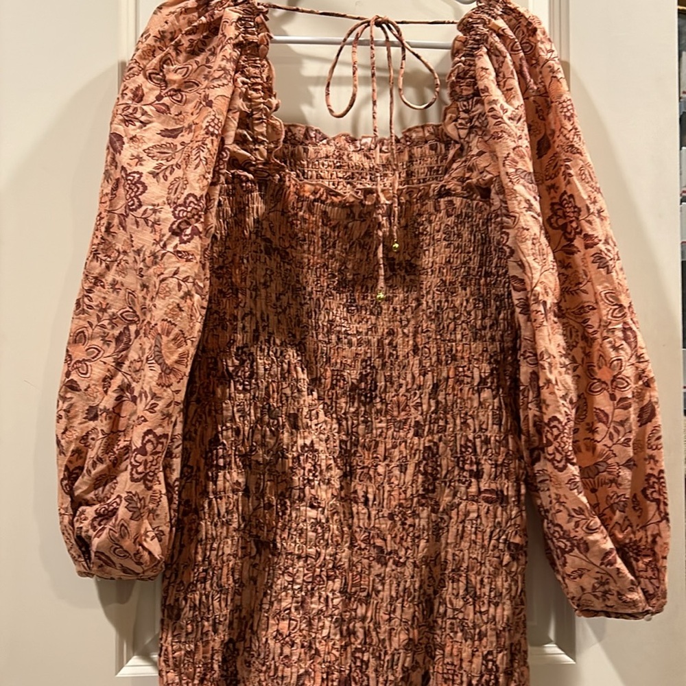 NWOT Free People Floral Smocked tube elastic BodyCon Mini Dress puff sleeves L - Picture 9 of 9